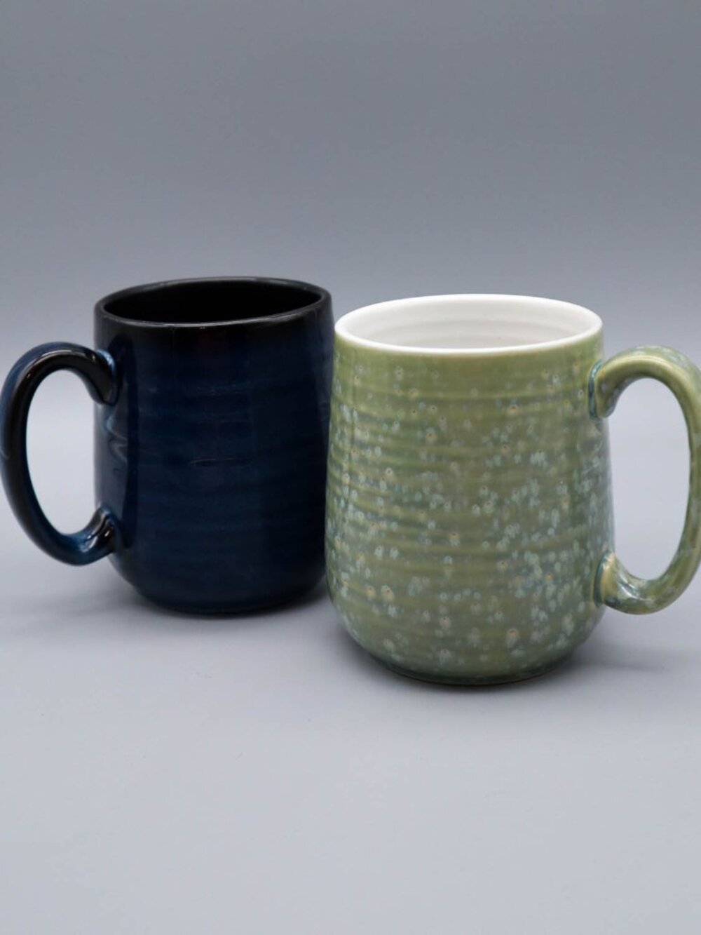 2 Old Pottery Company Ceramic Stoneware Coffee Mugs Ribbed Blue Green Farmhouse